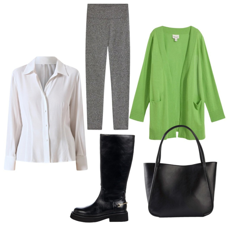 Outfit donna - Total look #2327753. Stile Casual per Tutti i giorni. Abbinamento con leggings, cardigans, shopping bag, stivali sopra il ginocchio, camicie.
