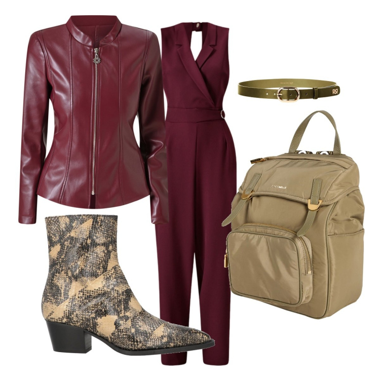 Outfit donna - Burgundy Love. Stile Military per Tutti i giorni. Abbinamento con zaini, stivaletti texani, blazer, cinture, tute.