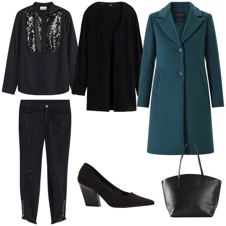 Outfit donna - Layering nero e ottanio. Stile Casual chic per Tutti i giorni. Abbinamento con shopping bag, jeans skinny, cardigans, décolleté, tuniche, cappotti.