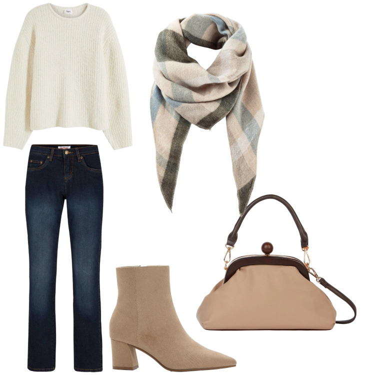 Outfit donna - Total look #2327765. Stile Casual per Tutti i giorni. Abbinamento con sciarpe, jeans dritti, stivaletti, maglieria, clutch.