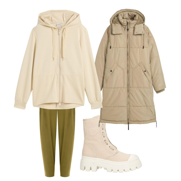 Outfit donna - Felpa gennaio. Stile Sporty chic per Tutti i giorni. Abbinamento con felpe con cappuccio, piumini, stivaletti, pantaloni.