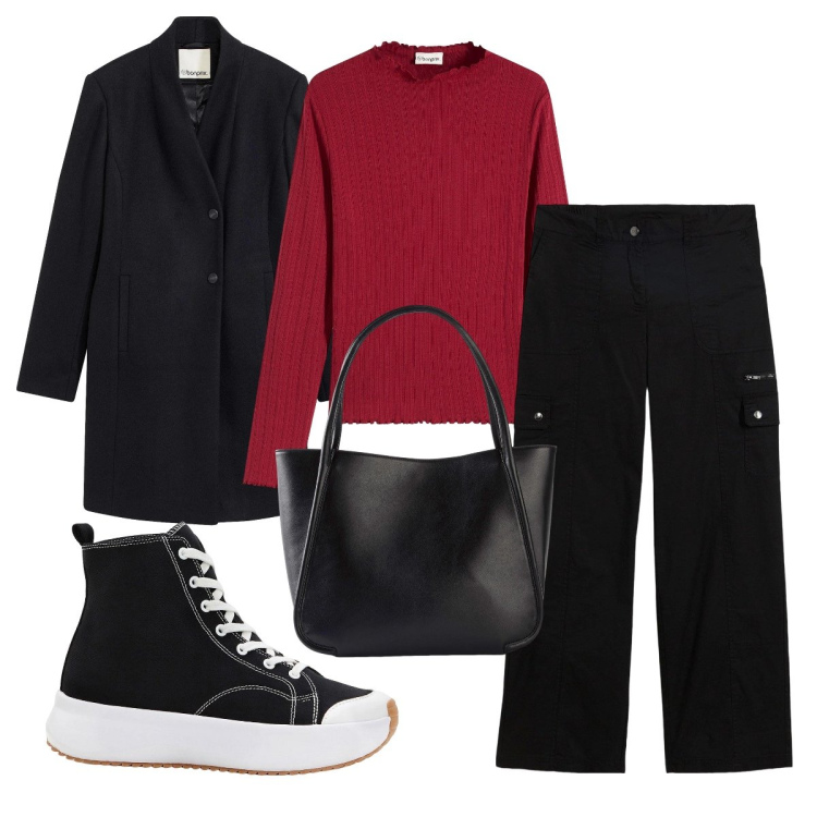 Outfit donna - Sporty chic Bonprix. Stile Sporty chic per Tutti i giorni. Abbinamento con pantaloni cargo, sneakers alte, shopping bag, maglieria, cappotti.