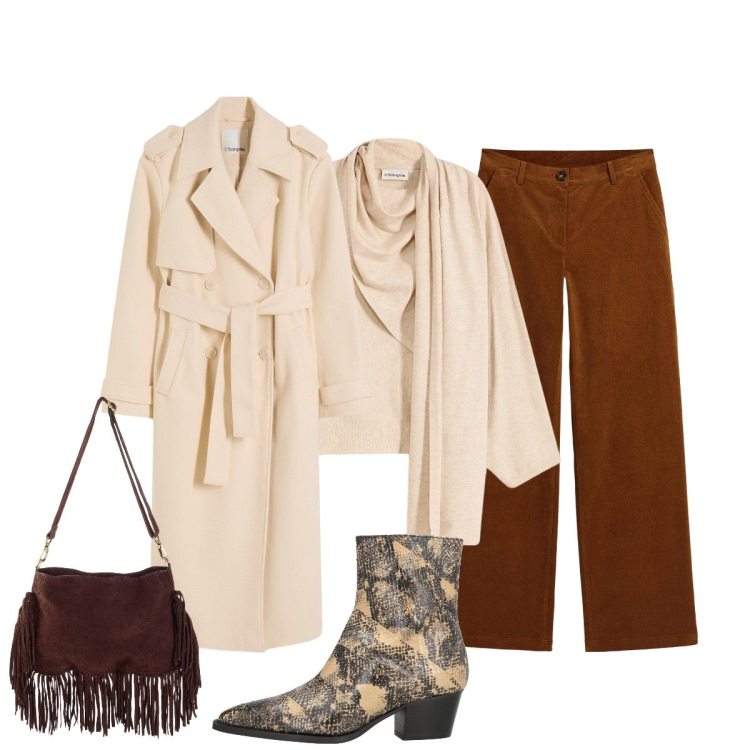 Outfit donna - Casual chic: una serata che non impegna. Stile Casual chic per Serata fuori. Abbinamento con pantaloni, trench, maglieria, borse a tracolla, stivaletti texani.