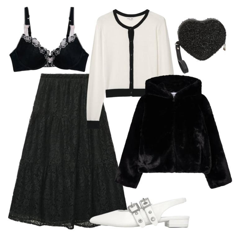 Outfit donna - S.Valentino in pizzo Terranova. Stile Glamour per Serata fuori. Abbinamento con gonne lunghe, ecopellicce, cardigans, reggiseni push-up, portafogli, ballerine.