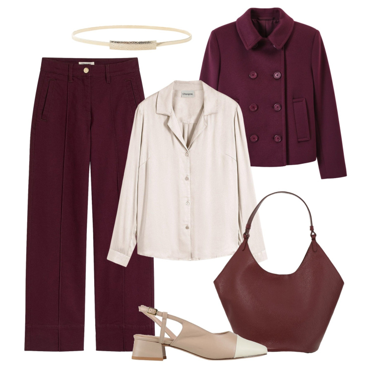 Outfit donna - San Valentino burgundy. Stile Bon Ton per Serata fuori. Abbinamento con camicie, pantaloni, décolleté, cinture, borse a spalla, caban.