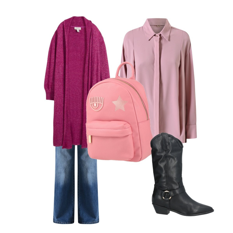 Outfit donna - Zaino fantasia. Stile Casual per Ufficio. Abbinamento con cardigans, zaini, stivali, camicie, jeans.