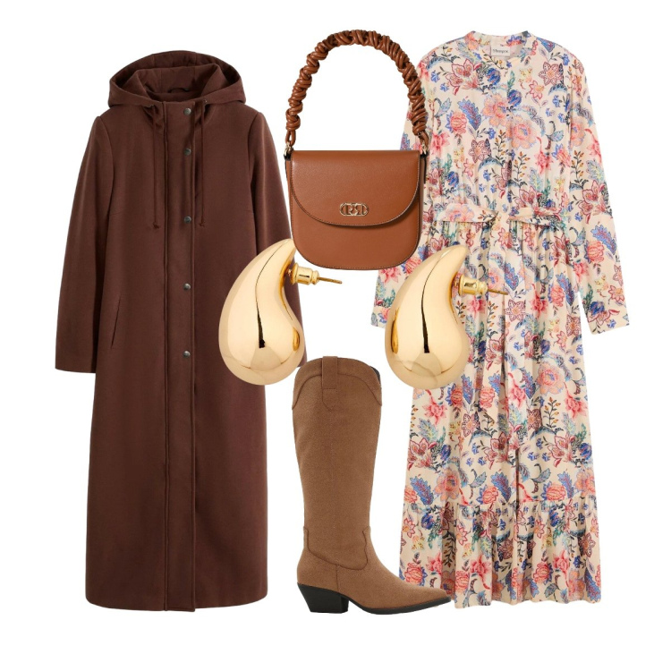 Outfit donna - Orecchini giusti. Stile Boho per Tutti i giorni. Abbinamento con orecchini, vestiti lunghi, stivali, cappotti, borse a mano.