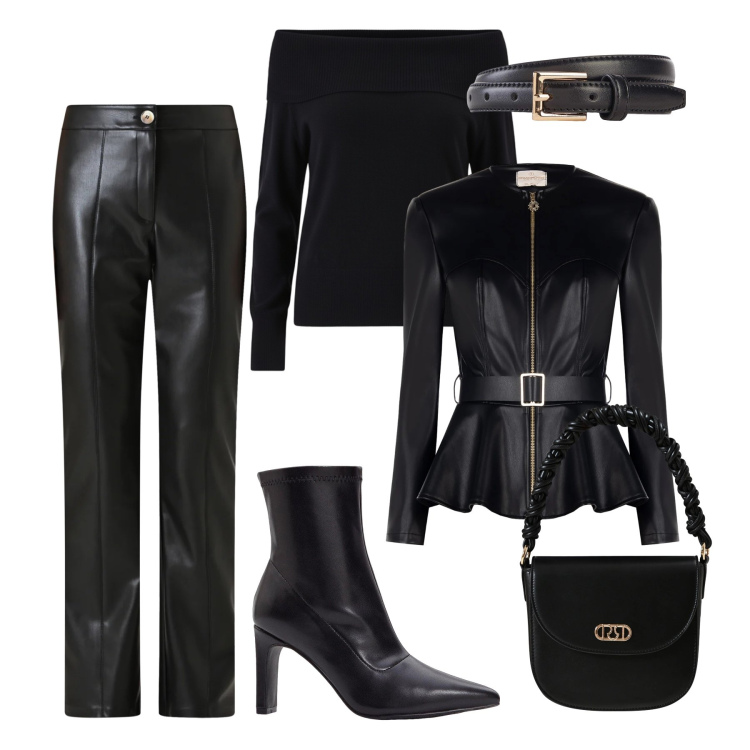 Outfit donna - Total black. Stile Glamour per Serata fuori. Abbinamento con stivaletti, cinture, borse a mano, giacche, pantaloni, pullovers.