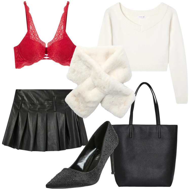 Outfit donna - Terranova - San Valentino. Stile Chic per Serata fuori. Abbinamento con borse tote, décolleté, minigonne, sciarpe, maglieria, reggiseni.