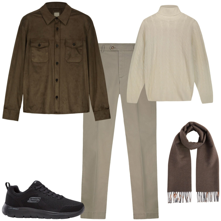 Outfit uomo - Trendy tempo libero. Stile Trendy per Tutti i giorni. Abbinamento con sneakers, sciarpe, giacche, pantaloni chino, maglieria.