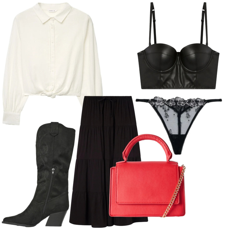 Outfit donna - Terranova - San Valentino. Stile Trendy per Serata fuori. Abbinamento con gonne lunghe, borse a tracolla, bralette, stivali, camicie, perizomi.