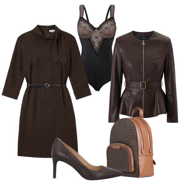 Outfit donna - Total look ufficio. Stile Glamour per Ufficio. Abbinamento con body, décolleté, zaini, giacche, vestiti corti.