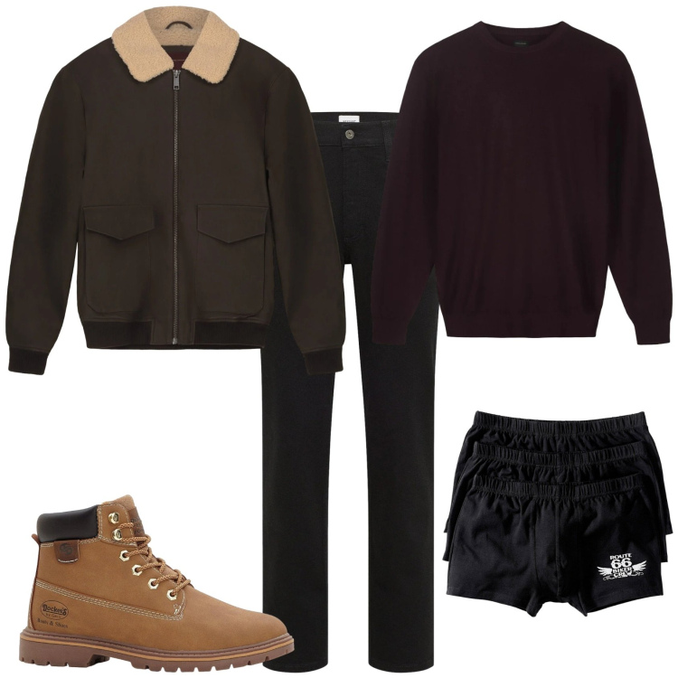 Outfit uomo - Casual ogni giorno. Stile Casual per Tutti i giorni. Abbinamento con boxer, jeans dritti, stivali e stivaletti, bomber, maglieria.