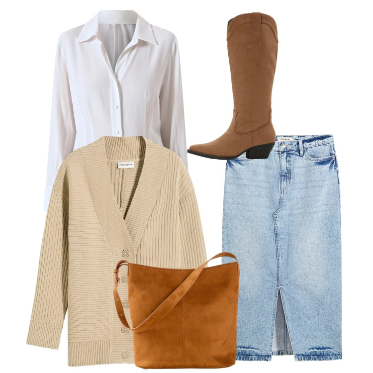 Outfit donna - Total look. Stile Casual per Tutti i giorni. Abbinamento con gonne longuette, cardigans, borse a mano, stivali, camicie.