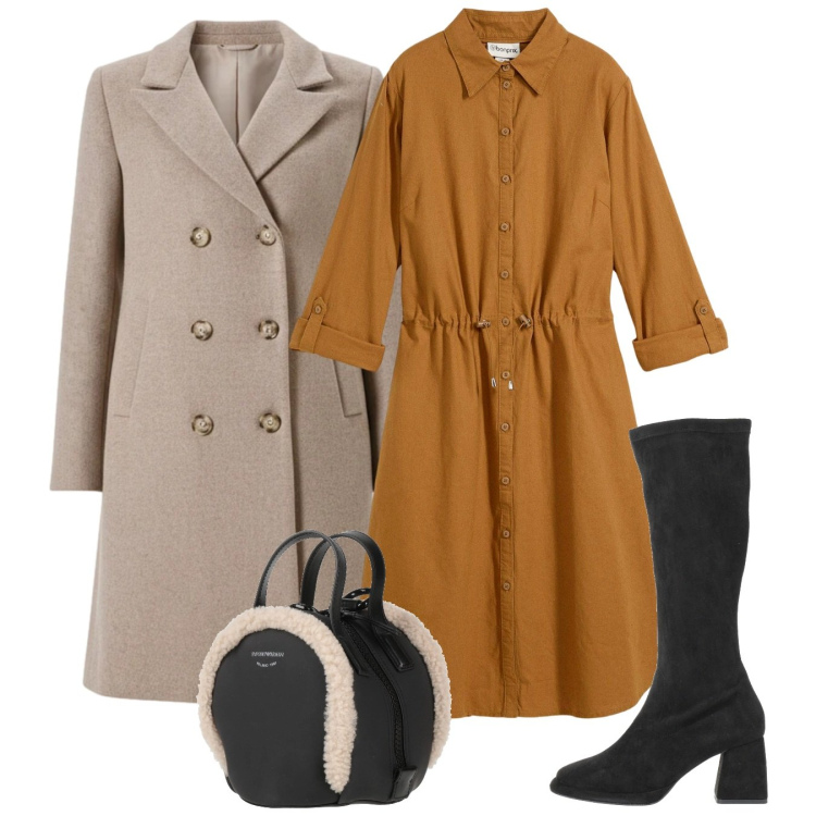 Outfit donna - Total look. Stile Bon Ton per Tutti i giorni. Abbinamento con vestiti chemisier, zaini, stivali, cappotti.