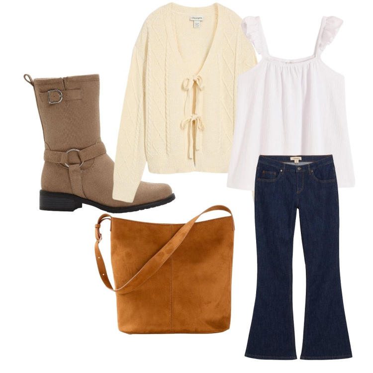 Outfit donna - Figlia dei fiori 2026. Stile Etnico per Tutti i giorni. Abbinamento con stivaletti, top, cardigans, jeans a zampa, borse a mano.