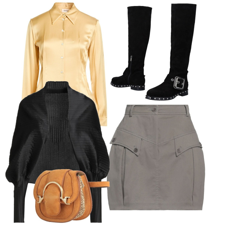 Outfit donna - Tocco chic. Stile Chic per Serata fuori. Abbinamento con blazer, stivali, marsupi, minigonne, camicie.