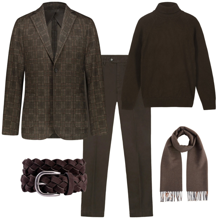 Outfit uomo - Eleganza in ufficio toni marrone. Stile Business/Elegante per Ufficio. Abbinamento con stivali e stivaletti, giacche, sciarpe, cinture, pantaloni chino, pullovers.