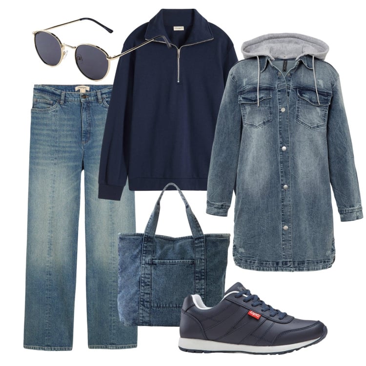 Outfit donna - Denim Bonprix. Stile Casual per Tutti i giorni. Abbinamento con blazer, sneakers, occhiali da sole, jeans dritti, felpe, shopping bag.