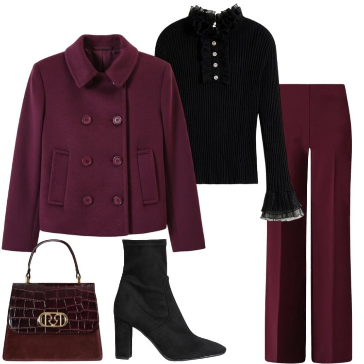 Outfit donna - Burgundy love. Stile Chic per Serata fuori. Abbinamento con maglieria, stivaletti, pantaloni a palazzo, caban, borse a mano.