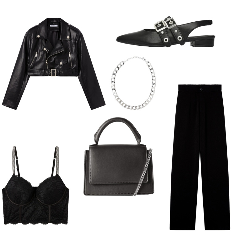 Outfit donna - Sexy e rock. Stile Rock per Serata fuori. Abbinamento con collane, borse a tracolla, pantaloni, bralette, giacche, ballerine.