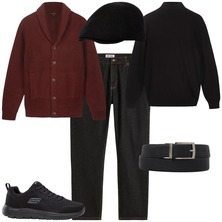 Outfit uomo - Trendy tempo libero. Stile Trendy per Tutti i giorni. Abbinamento con jeans dritti, sneakers, cinture, cappelli e berretti, maglieria, cardigans.