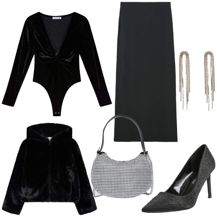 Outfit donna - Serata glam e romantica. Stile Glamour per Serata fuori. Abbinamento con décolleté, orecchini, borse a spalla, ecopellicce, body, gonne lunghe.