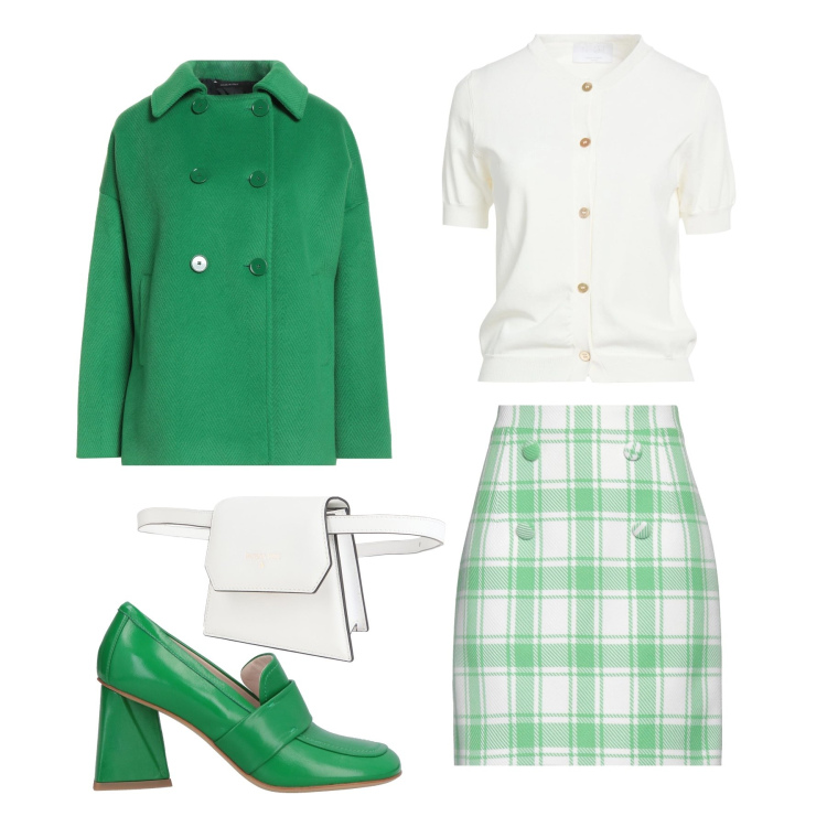Outfit donna - Verde acceso mood vintage. Stile Vintage retrò per Tutti i giorni. Abbinamento con cardigans, marsupi, minigonne, mocassini, cappotti.