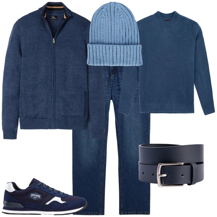 Outfit uomo - Casual tempo libero. Stile Casual per Tutti i giorni. Abbinamento con cardigans, sneakers, jeans dritti, berretti, cinture, maglieria.
