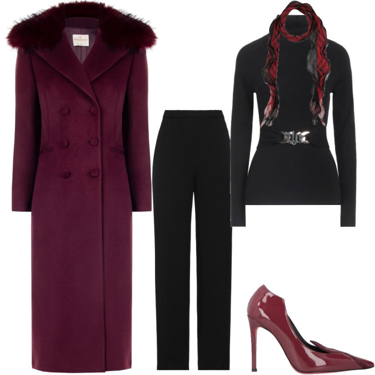 Outfit donna - Burgundy love. Stile Casual chic per Serata fuori. Abbinamento con pantaloni, sciarpe, maglieria, décolleté, cappotti.