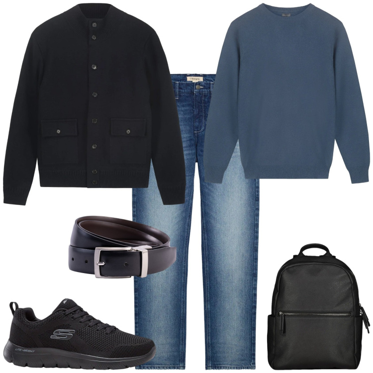 Outfit uomo - Casual ogni giorno. Stile Casual per Tutti i giorni. Abbinamento con sneakers, jeans dritti, borse sportive, cinture, giacche, maglieria.