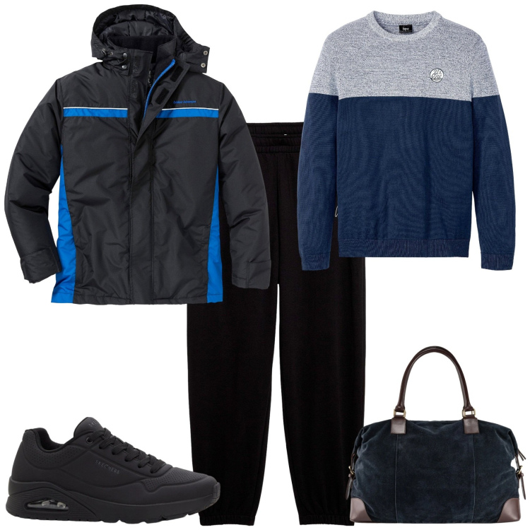 Outfit uomo - Sport tempo libero. Stile Casual per Tutti i giorni. Abbinamento con t-shirt sportive, giacche, sneakers, pantaloni sportivi, borse sportive.