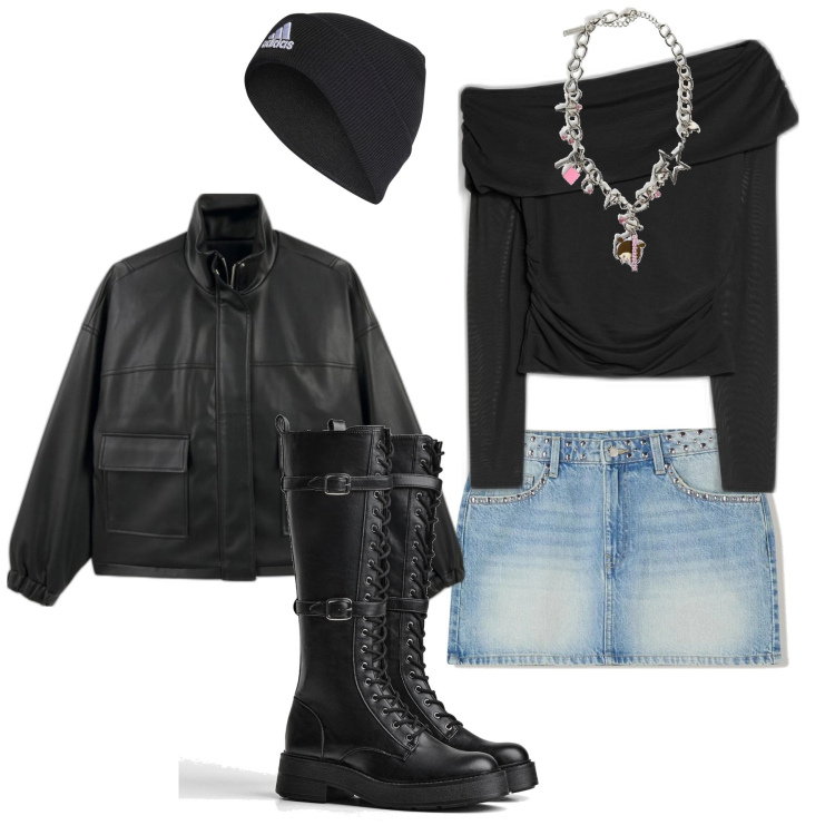 Outfit mujer - Rock #77. Estilo Rock para Todos los días. Combinación con faldas, blazers, gorros, collares, botas, camiseta.