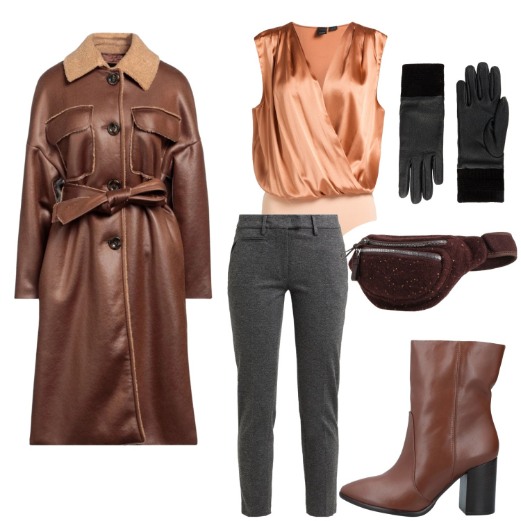 Outfit donna - Urban Bronze Winter. Stile Glamour per Tutti i giorni. Abbinamento con cappotti, body, guanti, stivaletti, pantaloni, marsupi.
