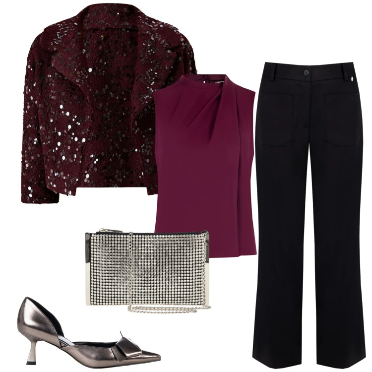 Outfit donna - Total look #2327888. Stile Glamour per Serata fuori. Abbinamento con top, pochette, décolleté, bolero, pantaloni.