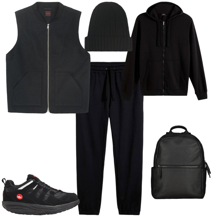 Outfit uomo - Sport tempo libero. Stile Casual per Tutti i giorni. Abbinamento con felpe con cappuccio, sneakers, pantaloni sportivi, borse sportive, berretti, piumini.