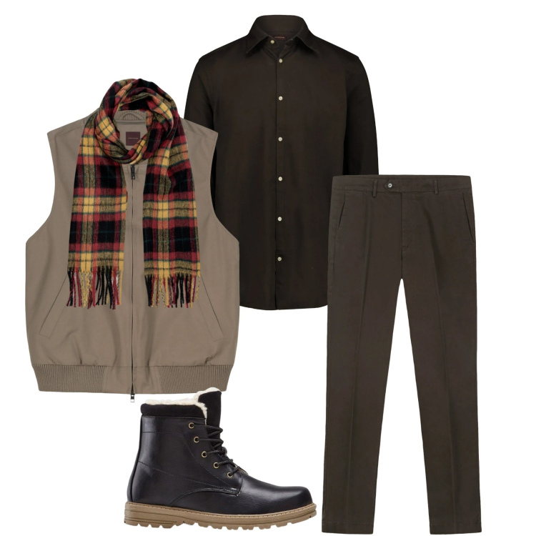 Outfit uomo - Total look #2327896. Stile Trendy per Tutti i giorni. Abbinamento con stivali e stivaletti, pantaloni chino, sciarpe, camicie, piumini.