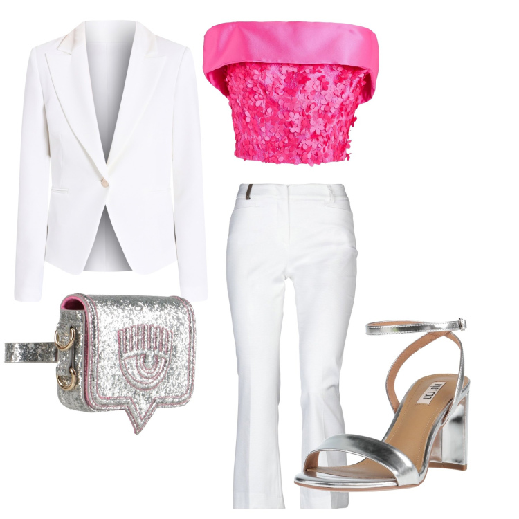 Outfit donna - Pink Blossom Party. Stile Glamour per Serata fuori. Abbinamento con pantaloni, marsupi, top, sandali in pelle, blazer.