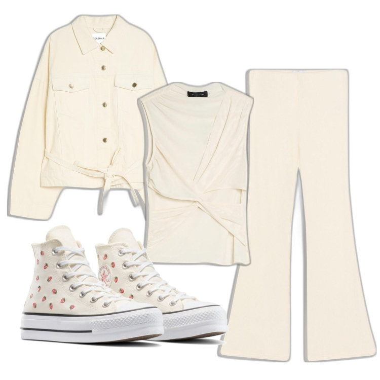 Outfit mujer - Total White. Estilo Minimal para Todos los días. Combinación con sneakers, top, pantalones, blazers.