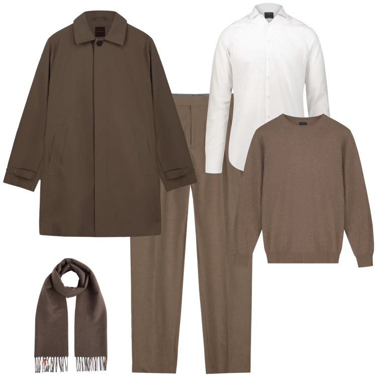 Outfit uomo - Trendy ufficio week end. Stile Trendy per Ufficio. Abbinamento con stivali e stivaletti, camicie, sciarpe, pantaloni, maglieria, trench.