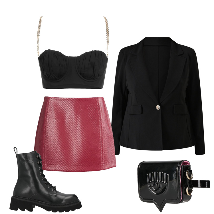 Outfit donna - Valentino\'s Night Temptation. Stile Glamour per Serata fuori. Abbinamento con marsupi, top, minigonne, stivaletti, blazer.