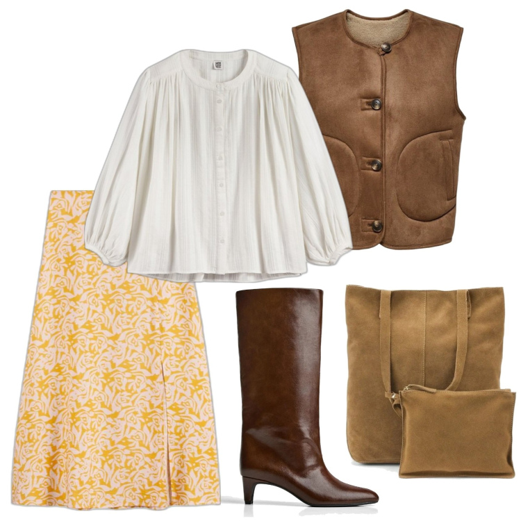 Outfit mujer - Bohemian. Estilo Boho para Todos los días. Combinación con bolso tote, minifaldas, camisas, botas, chalecos.