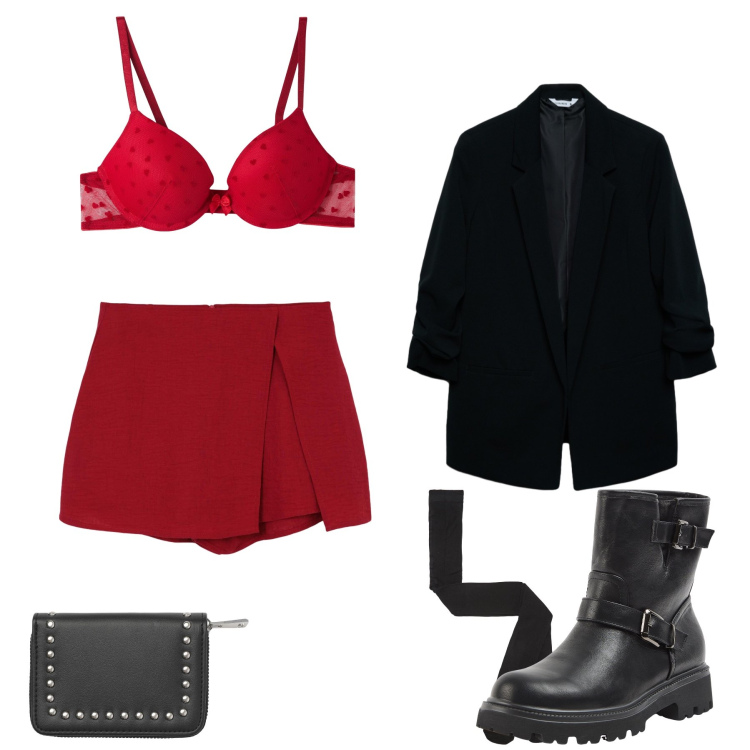 Outfit donna - Midnight Romance & Red Hearts. Stile Glamour per Serata fuori. Abbinamento con collant, reggiseni push-up, stivaletti, gonne, portafogli, blazer.