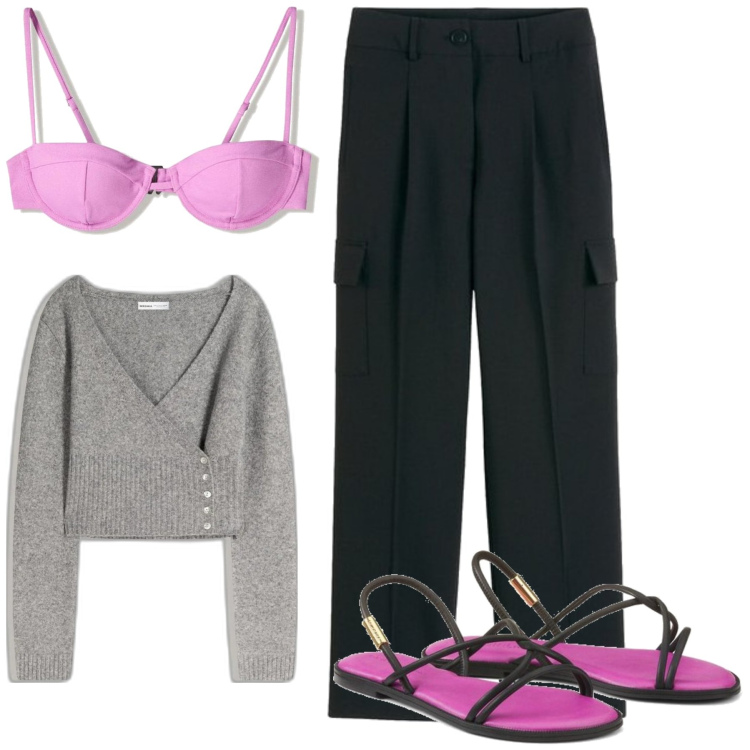 Outfit mujer - Casual chic #1123. Estilo Casual chic para Todos los días. Combinación con pantalones cargo, sandalias, cárdigans, bikini.