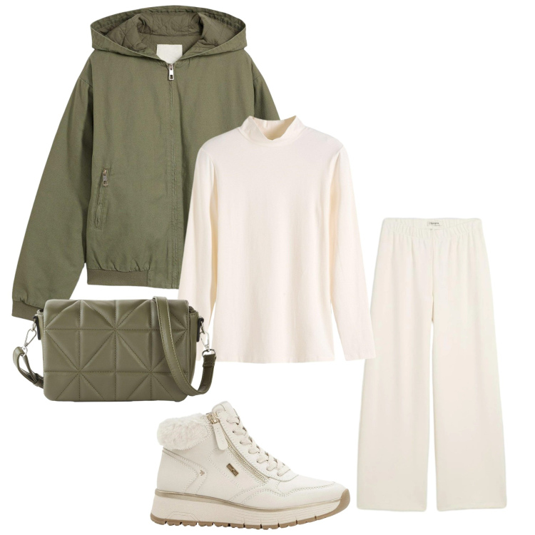 Outfit donna - Practica. Stile Sporty chic per Scuola/Università. Abbinamento con pantaloni, blazer, borse a tracolla, maglieria, sneakers.