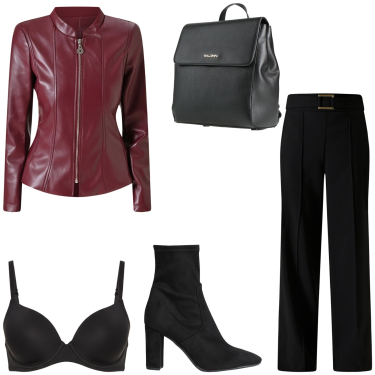 Outfit donna - Burgundy colore vincente. Stile Trendy per Serata fuori. Abbinamento con stivaletti, zaini, blazer, pantaloni, reggiseni.