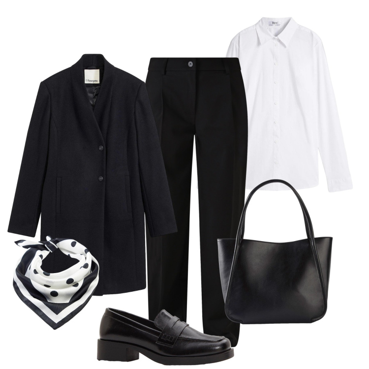Outfit donna - Eleganza minimal. Stile Mannish per Ufficio. Abbinamento con camicie, foulard, shopping bag, mocassini, cappotti, pantaloni.