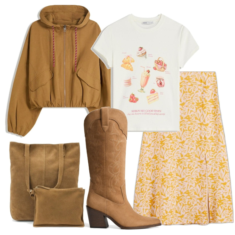 Outfit mujer - Estilo cowboy. Estilo Boho para Todos los días. Combinación con bolso tote, minifaldas, botines, blazers, camiseta.