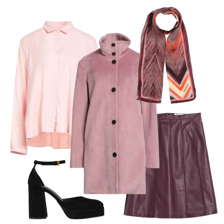 Outfit donna - Borgogna a contrasto. Stile Chic per Serata fuori. Abbinamento con gonne, cappotti, décolleté, camicie, sciarpe.