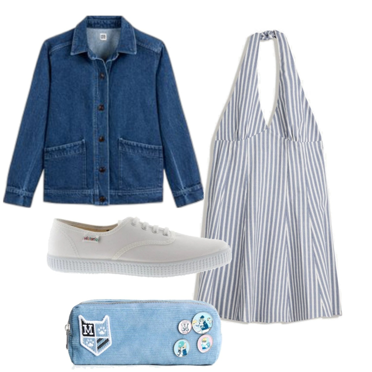 Outfit mujer - Tarde de primavera. Estilo Casual para Todos los días. Combinación con sneakers, vestidos cortos, blazers, maletas.